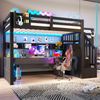 Merax Hochbett, Kinderbett, Holzbett 90x200 cm mit Stauraumtreppe und LED-Beleuchtung, Schwarz Bild 3