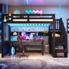 Merax Hochbett, Kinderbett, Holzbett 90x200 cm mit Stauraumtreppe und LED-Beleuchtung, Schwarz Bild 2