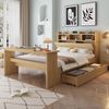 Kinder Einzelbett, Jugendbett mit Stauraum, Bettgestell mit Kopfteilregal, ausziehbarer Schublade und verstellbarem Klapptisch, flexible Schubladenmontage, Naturholzfarbe, 140x200 cm Bild 2