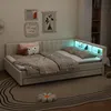 Schlafsofa mit LED-Beleuchtung und Gästebett, Polsterbett mit Lattenrost, Regal und Mehrfachsteckdose, 140x200 cm, Doppelbett, Leinen Bild 2