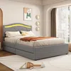 Polsterbett mit LED-Beleuchtung und Schubladen, 90x200cm, gepolsterter Kopfteil, Einzelbett, Stauraumbett, Leinen Bild 3