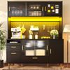 Hochglanz-Schwarzer Buffetschrank mit LED-Beleuchtung & Lochwand, 180cm hoher Küchenschrank mit Glas-Schiebetüren & Magnettür, belastbar bis 60kg Bild 4