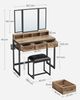 Vasagle Schminktisch mit gepolstertem Hocker, Frisiertisch mit dreifachem Spiegel, 3 Schubladen, Haartrocknerhalter, Kosmetiktisch, Industriestil, eichenbraun-schwarz Bild 5