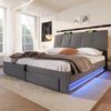 Polsterbett mit LED-Streifen, Schubladen, Lattenrost, Aufbewahrung, USB und Type-C, 140x200 cm, gepolsterter Kopfteil mit Regal, Stauraumbett, Leinen Bild 2