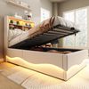 Kinderbett 90×200 cm mit hydraulischem Stauraum APP-gesteuertes LED-Lichtband USB-Ladeanschluss Metall-Lattenrost Leinenpolsterung Beige. Bild 2