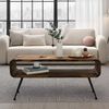 Retro Couchtisch Sheesham Massivholz 100cm · Wohnzimmertisch rechteckig mit Ablagefach · Handgefertigter Sofatisch aus Holz mit Metallbeinen im Industrial Design Bild 2