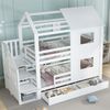 Etagenbett 90×200 cm mit Treppenschrank, Dach und Fenstern, Rausfallschutz, Weiß, ohne Matratze Bild 3