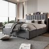 Merax Polsterbett 140*200 cm, Nachttisch mit USB-Ladeanschluss und Ablage, Doppelflachbett mit 4 Schubladen, Leinenstoff, Darkgrau Bild 2