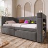 REDOM Polsterbett mit ausziehbarem Bett, Leinen-Baumwoll-Material (Daybett, Schlafsofa mit Ausziehbett, Leinen-Mischgewebe, 90x200 cm, mit Matratze (H16cm), mit Armlehnen, mit USB- & Type-C-Ladeanschluss und Getränkehalter Bild 2