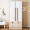 Kleiderschrank 70x40x170 cm mit Doppeltüren-Design und Schubladen – natürlicher Holzton und Weiß Bild 2