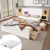 Doppelbett 140x200 cm Weiß Eiche mit Leselampe & USB-Ladeanschluss, Massivholz Bett mit Nachttisch und 2 Schubladen,inklusive Matratze Bild 1