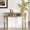 Celya Schminktisch 120 cm langer, halbmondförmiger Spiegelkonsolentisch (luxuriöser Sofatisch, Gold+Silber, moderner Schminktisch für Schlafzimmer, Ankleidezimmer, Wohnzimmer), mit geriffelter Glasplatte und Kristallknopfschublade Bild 5