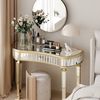 Celya Schminktisch 120 cm langer, halbmondförmiger Spiegelkonsolentisch (luxuriöser Sofatisch, Gold+Silber, moderner Schminktisch für Schlafzimmer, Ankleidezimmer, Wohnzimmer), mit geriffelter Glasplatte und Kristallknopfschublade Bild 2
