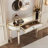 Celya Schminktisch 120 cm langer, halbmondförmiger Spiegelkonsolentisch (luxuriöser Sofatisch, Gold+Silber, moderner Schminktisch für Schlafzimmer, Ankleidezimmer, Wohnzimmer), mit geriffelter Glasplatte und Kristallknopfschublade Bild 3