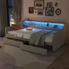 Schlafsofa mit LED-Streifen, Lattenrost und 2 Schubladen, 90x200cm, Polsterbett, Einzelbett, Jugendbett, Leinenbezug Bild 2