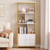 GarveeMore Bücherregal gold mit 2 Schubladen,Modernes Bücherregal,Metallrahmen, große Lagerregal,Bücherregal für Schlafzimmer,Wohnzimmer,Home Office Bild 3