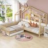 Bett 90x200 cm Hausbett in L‑Form aus Massivholz mit Schublade und Regalen – natürliches Design Bild 5