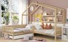 Bett 90x200 cm Hausbett in L‑Form aus Massivholz mit Schublade und Regalen – natürliches Design Bild 4