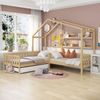 Bett 90x200 cm Hausbett in L‑Form aus Massivholz mit Schublade und Regalen – natürliches Design Bild 2