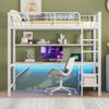 Hochbett, 90*200 cm, Geländer, Trittleiter, mit usb und Steckdose, Mit LED-Leuchten, Schreibtisch, mehrstöckiges Regal, ohne Matratze, Metall, Weiß Bild 2