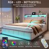 PXloue Polsterbett Doppelbett Stauraumbett Funktionbett, mit USB-Laden und Stauraum am Kopfteil,Leinen,160x200 cm Bild 3