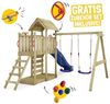 WICKEY Spielturm Klettergerüst MultiFlyer Holzdach mit Schaukel & grüner Rutsche, Kletterturm mit Holzdach, Sandkasten, Leiter & Spiel-Zubehör Bild 2