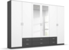 rauch Kleiderschrank, Drehtürenschrank GAMMA, 6-türig, 2 Spiegeltüren teilaufgelegt, 6 Schubkästen, Alpinweiß/Grau metallic, 271 x 210 x 54 cm