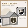 PawHut Tierbett Katzenhütte mit Doppeltüren, Kuschelhöhle mit Kissen, Spielball, MDF, Leinenimitat(100% Polyester), Plüsch, Sisal, 65L x 41B x 45.5H cm Bild 5