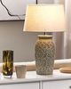 'Khoper' Tischlampe Grau und Weiß Keramik Ornamente Antik Optik 48cm Stoffschirm Kegelform langes Kabel mit Schalter handgemacht Schlaf- u. Wohnzimmer Bild 2