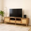 39F Furniture Dream TV Lowboard mit Rattan-Türen, Fernsehtisch aus Holz mit 2 Schubladen und offenem Fach, TV-Ständer bis 75 Zoll, TV Möbel im Retro Design, 200×37×48.5 cm Bild 2