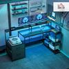 HOMCOM Gamingtisch mit LED & Steckdosen, Doppelmonitorständer, 2 Schublade, Ablagefächer (Computertisch, 1-St, Schreibtisch), für Büro, Arbeitszimmer, Schwarz Bild 2