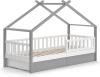 VitaliSpa Kinderbett Hausbett Einzelbett Design Weiß Grau modern 90x200 cm Kinderzimmer Bett Massivholz Lattenrost Schublade Rausfallschutz Schubladenbett