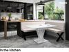 MEBLINI Eckbank für Esszimmer mit ausziehbarem Tisch - Küchenbank - Essecke - Sitzecke Küche - PETER - X-Beine 128x168x87cm Rechts - Beige Samt/M Weiß-Schwarz Hochgl. Bild 2