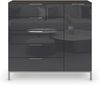Rauch Möbel Flipp, Nachttisch für Schlafzimmer, Flur, Garderobe, 1-türig, 5 Schubladen, mit Softclose-Funktion, Griffe und Metallkufe Chrom, Farbe Glas Basalt, Schwarz, Breite 120 cm Bild 5