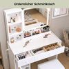 IRONCK Schminktisch mit LED-Spiegel und Ladestation, Kosmetiktisch inkl. Hocker, 2 Schubladen und Aufbewahrungsschrank, Dimmbare Beleuchtung (3 Farbmodi), Für Schlafzimmer Modernes Weiß Bild 3