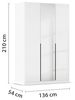 Rauch Möbel Alabama, Kleiderschrank, Garderobenschrank, 3-türig, Spiegel, Zubehör Basic, 2 Kleiderstangen, 2 Einlegeböden, Farbe Hochglanz Weiß/Weiß, Griff Grau metallic, 136 x 210 x 54 cm Bild 3