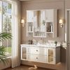Badezimmerschrank mit Spiegel, Wandschrank mit Türen und offenen Fächern, wandmontierter Medizinschrank mit 2 Handtuchhaltern, Badschrank für Badezimmer, Waschküche und Küche, Weiß Bild 3