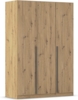 rauch Kleiderschrank Alba, Drehtürenschrank, Garderobenschrank, 3-türig, mit 2 Kleiderstangen und 2 Einlegeböden, Farbe Eiche Artisan, Holz, Griffstange Grau metallic, Schwarz, 136x197x54cm