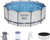 Bestway Steel Pro MAX Frame Pool Komplett-Set mit Filterpumpe Ø 366x122 cm, lichtgrau, rund, Grau