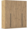 rauch Kleiderschrank Alba, Drehtürenschrank, Garderobenschrank, 4-türig, mit 2 Kleiderstangen und 2 Einlegeböden, Farbe Eiche Artisan, Holz, Griffstange Grau metallic, Schwarz, 181x197x54cm