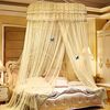 Kaiyei Moskitonetz Universal Himmelbett für Doppel, Einzel, Kinderbetten, Prinzessin Betthimmel Rund mit Klebehaken Schlafzimmer Schmetterling Dekoration Romantisch Palast Beige Gelb 120cm×200cm Bild 3