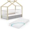 VitaliSpa Kinderbett Hausbett Einzelbett Design Weiß Grau Natur modern 70x140 cm Kinderzimmer Bett Massivholz Lattenrost Schublade Rausfallschutz Schubladenbett Matratze