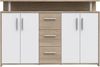 Forte SINCRONO Sideboard 130, modernes Sideboard mit Ablage-Aufsatz, 4-türig, 3 Schubladen, Wohnzimmer, Flur, Holzwerkstoff, Weiß mit Sonoma Eiche Holzdekor, 132 cm breit x 88,5 cm hoch x 34,8 cm tief Bild 3