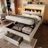 Merax Polsterbett 90x200 cm Einzelbett, Kinderbett, mit hydraulischem Stauraum und Kopfteil mit Aufbewahrungsfach, LED-Beleuchtung sowie USB & USB-C Anschluss, Leinen, Beige Bild 2
