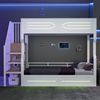 Merax Etagenbett, 90 × 200 cm, Jugendbett, Hochbett, mit Stauraum und kleiner Treppe im Schrankstil, mit LED-Beleuchtung, Hohem Geländer, Weiß Bild 2