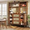 Flieks Küchenbuffet Hochschrank mit Glasschiebetüren und Rattan-Schubladen Holzoptik (140 x 40,5 x 174,5 cm, 1-St, Mehrzweckschrank mit Massivholzbeine) Küchenschrank mit Arbeitsplatte und Gläserhalter Walnussholzfarbe Bild 2