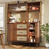 Flieks Küchenbuffet Hochschrank mit Glasschiebetüren und Rattan-Schubladen Holzoptik (140 x 40,5 x 174,5 cm, 1-St, Mehrzweckschrank mit Massivholzbeine) Küchenschrank mit Arbeitsplatte und Gläserhalter Walnussholzfarbe Bild 3