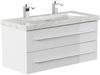 Badmöbel Marmor Carrara White Damo 100 cm 2 Hahnlöcher SoftClose weiß hochglanz : Weiss hochglanz Bild 3
