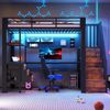Merax Hochbett, Kinderbett 90 x 200 cm, Einzelbett, Metallbett, mit Ablagefläche, Schublade, Lochwand, Tisch, Steckdose, LED-Licht, ohne Matratze, Schwarz Bild 2