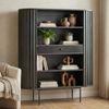 Bücherregal Massivholz Mango 105x122 cm Lamellen Design Schwarz - Offenes Standregal mit Schublade - Stauraumregal Metallbeine - Wohnregal Wohnzimmer - Kleiner Schrank Regal Handmade Bild 2